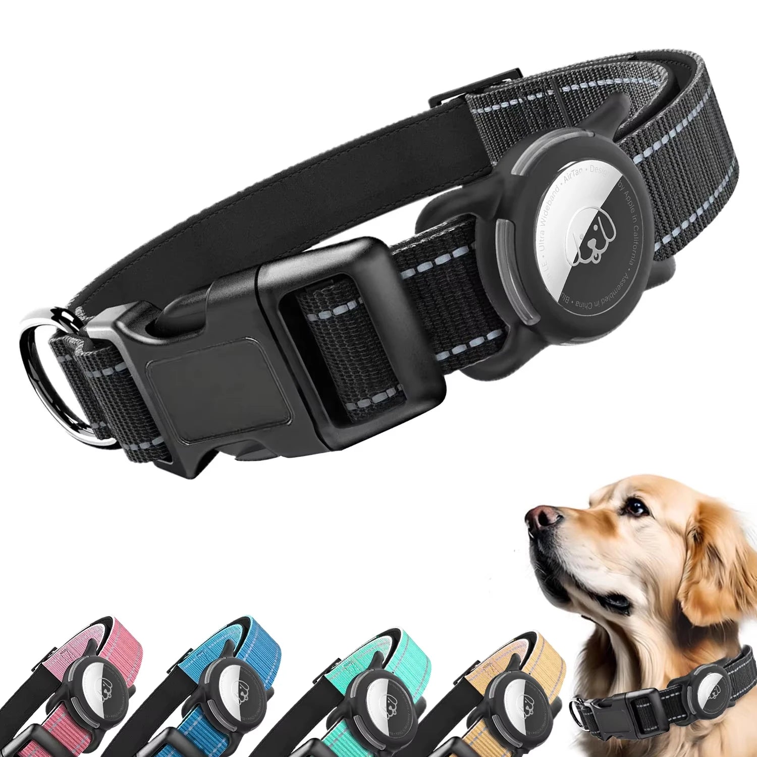 Airtag Dog Collar with Waterproof Airtag Case, Reflective Soft Padded & Safety Air Tag Pet Collar Adjustable for Large Dogs